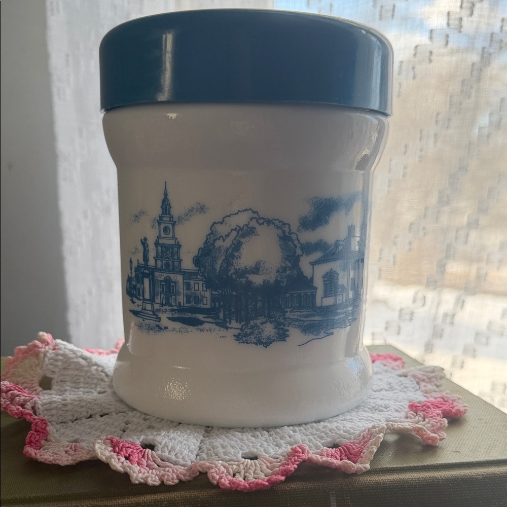 Milk Glass Blue And White Tobacco Canister